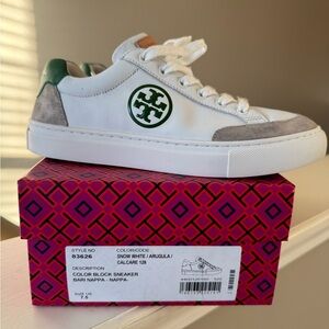 Tory Burch White and Green Logo Sneakers